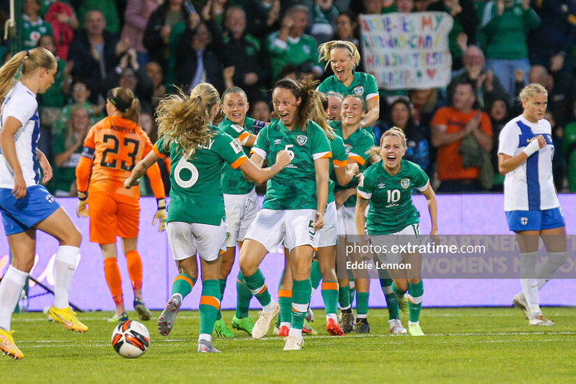Irish players celebrate after scoring during the Republic of Ireland v Finland, 2023 FIFA Women’s World Cup Qualifying game at Tallaght Stadium, Dublin, Ireland.