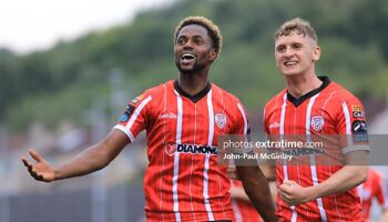 Sadou Diallo celebrates his goal for Derry against HB