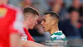 Graham Burke of Shamrock Rovers exchanges words with Kameron Ledwidge during Rovers' 2-0 win over Shels last May