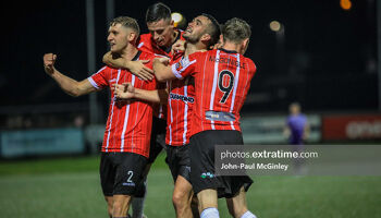 Derry City celebrate a goal against UCD