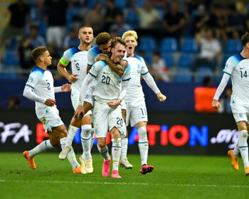 BATUMI, GEORGIA - JULY 8: Cole Palmer of England celebrates with team mates after scoring their side's first goal during the UEFA Under-21 EURO 2023 Final match between England and Spain at the Batumi Arena on July 8, 2023 in Batumi, Georgia