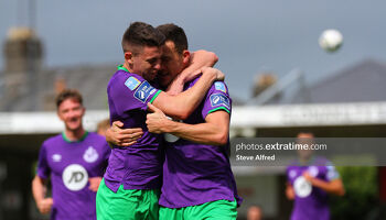 Gary O'Neill (right) celebrates with goalscorer Aaron Greene in September 2020 when Cork City last hosted Shamrock Rovers at Turner's Cross