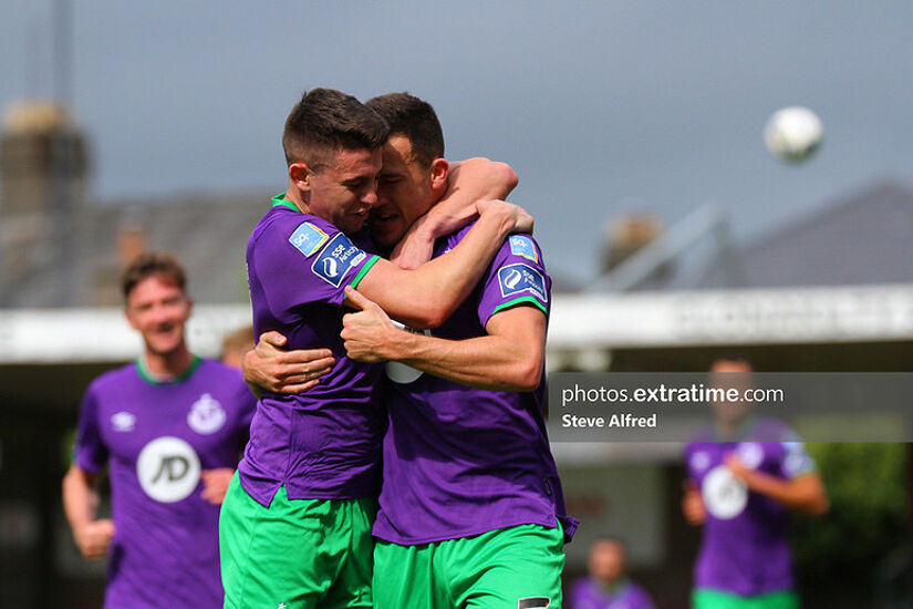 Gary O'Neill (right) celebrates with goalscorer Aaron Greene in September 2020 when Cork City last hosted Shamrock Rovers at Turner's Cross