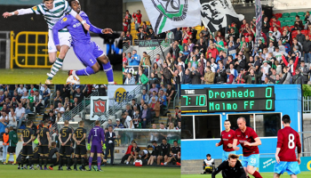 Clockwise from top left: Ronan Finn challenges Spurs’ Danny Rose (2011), Hannover 96 fans during their game against St. Patrick’s Athletic (2012), action from Drogheda United v Malmo (2013) and Dundalk line up against BATE (2016)