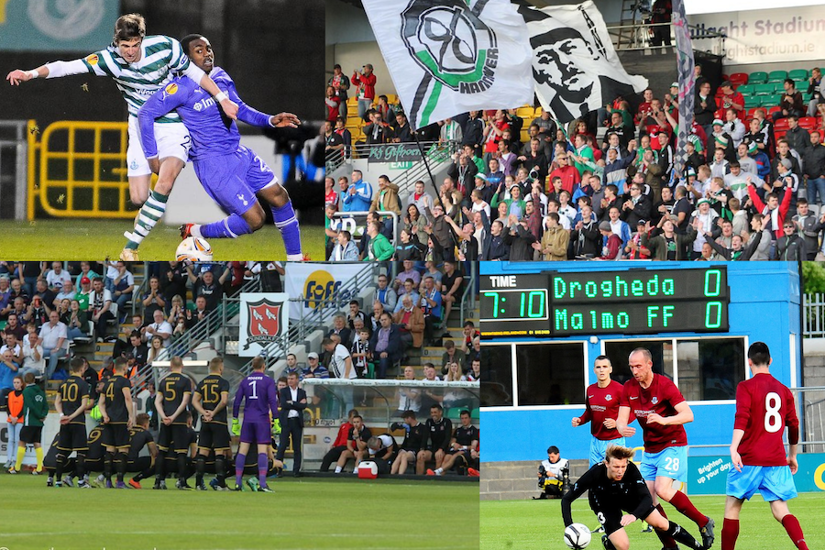 Clockwise from top left: Ronan Finn challenges Spurs’ Danny Rose (2011), Hannover 96 fans during their game against St. Patrick’s Athletic (2012), action from Drogheda United v Malmo (2013) and Dundalk line up against BATE (2016)