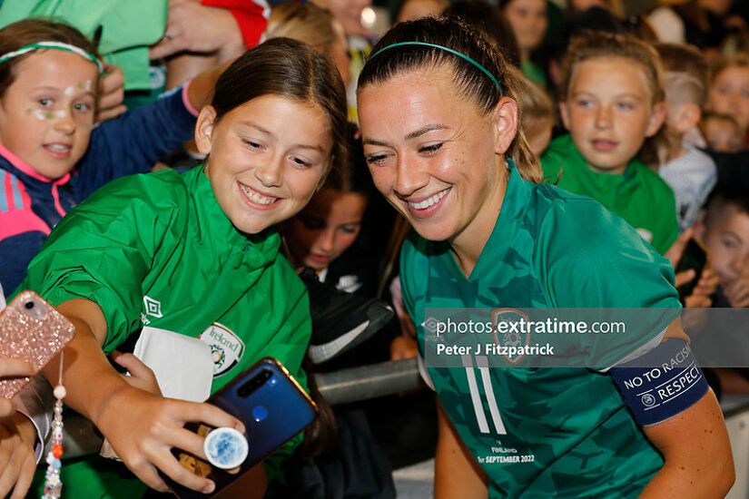 Ireland v Finland; Katie McCabe (c) of Ireland takes selfies with supporters after the game