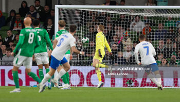 Fotis Ioannidis watches on as he hits Greece's opening goal in a 2-0 win over Ireland at the Aviva Stadium on September 10, 2024.