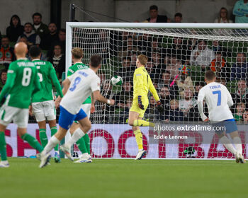 Fotis Ioannidis watches on as he hits Greece's opening goal in a 2-0 win over Ireland at the Aviva Stadium on September 10, 2024.