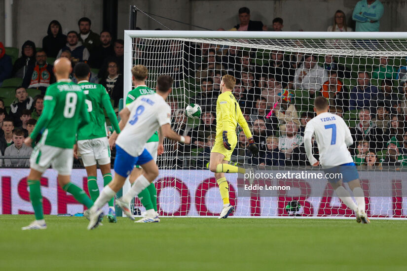 Fotis Ioannidis watches on as he hits Greece's opening goal in a 2-0 win over Ireland at the Aviva Stadium on September 10, 2024.