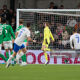 Fotis Ioannidis watches on as he hits Greece's opening goal in a 2-0 win over Ireland at the Aviva Stadium on September 10, 2024.