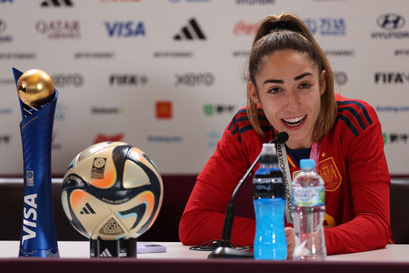 Olga Carmona of Spain speaks to the media in the post match press conference following the FIFA Women's World Cup Final - a game she scored the only goal in