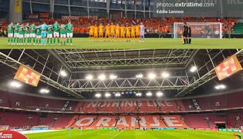 Ireland v Netherlands line up in Dublin earlier in campaign (top) and Ireland training in Amsterdam on eve of game (below)