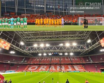 Ireland v Netherlands line up in Dublin earlier in campaign (top) and Ireland training in Amsterdam on eve of game (below)