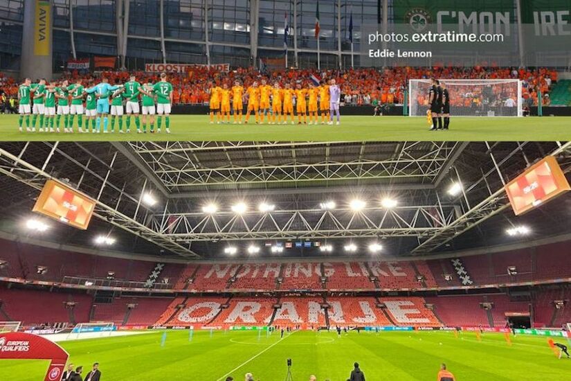 Ireland v Netherlands line up in Dublin earlier in campaign (top) and Ireland training in Amsterdam on eve of game (below)