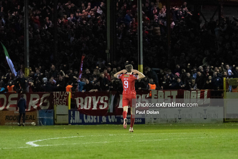 Sean Boyd celebrates scoring for Shelbourne