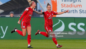 Shauna Fox (right), now with Shamrock Rovers, celebrating Shels skipper Pearl Slattery's goal at Tallaght Stadium in last year's Women's FAI Cup final