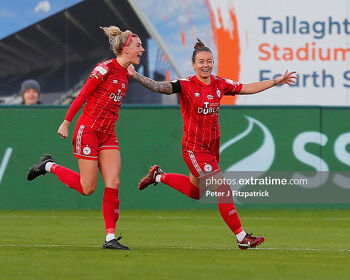 Shauna Fox (right), now with Shamrock Rovers, celebrating Shels skipper Pearl Slattery's goal at Tallaght Stadium in last year's Women's FAI Cup final