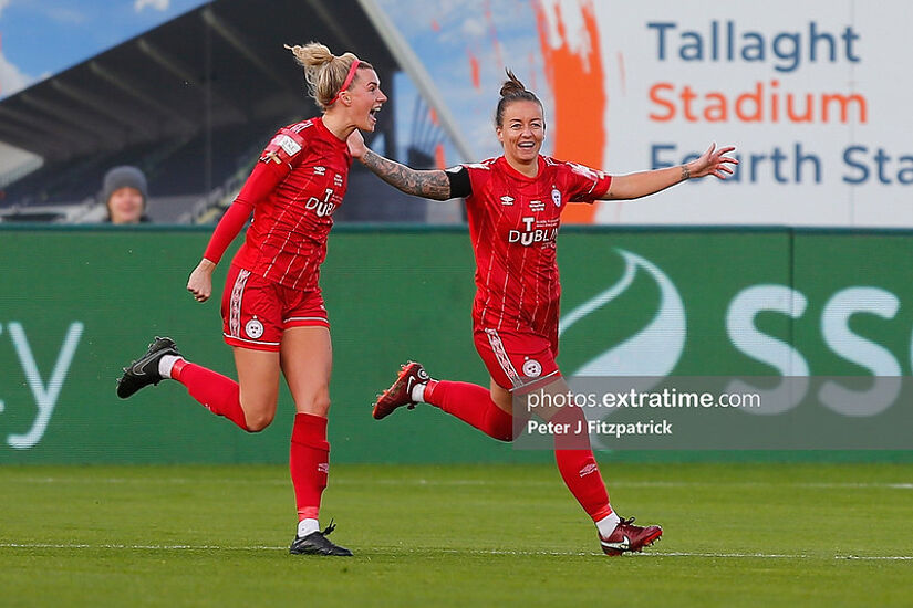 Shauna Fox (right), now with Shamrock Rovers, celebrating Shels skipper Pearl Slattery's goal at Tallaght Stadium in last year's Women's FAI Cup final