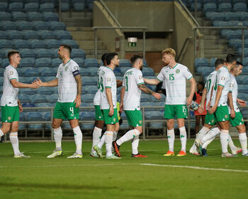 Irish players congregate following the 4-0 win over Gibraltar in Faro, Portugal.