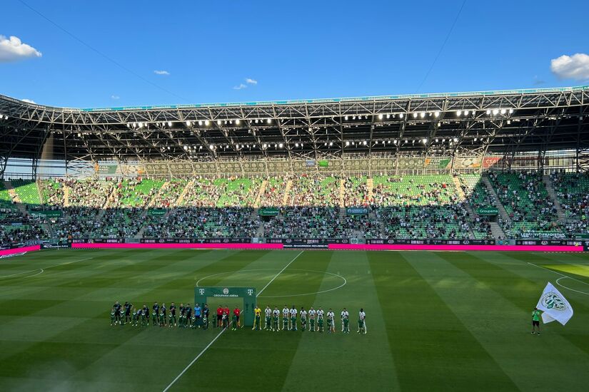 Ferencvaros and Shamrock Rovers line up prior to the game