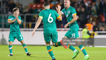 Evan Ferguson (right) celebrating his goal against Israel last September for the Ireland u21 team