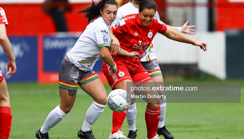 Shelbourne's Noelle Murray is tackled by Bohemians' Abbie Brophy on Wednesday, 27 July 2022.