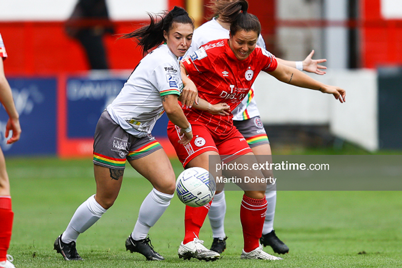 Shelbourne's Noelle Murray is tackled by Bohemians' Abbie Brophy on Wednesday, 27 July 2022.