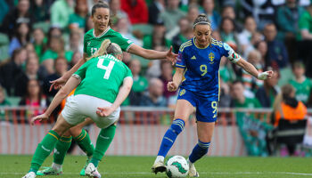 Kosovare Asllani of Sweden evades Ireland's Anna Patten and Louise Quinn during a 3-0 UEFA Nations League victory at the Aviva Stadium.