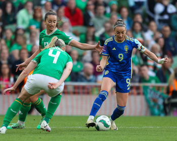 Kosovare Asllani of Sweden evades Ireland's Anna Patten and Louise Quinn during a 3-0 UEFA Nations League victory at the Aviva Stadium.