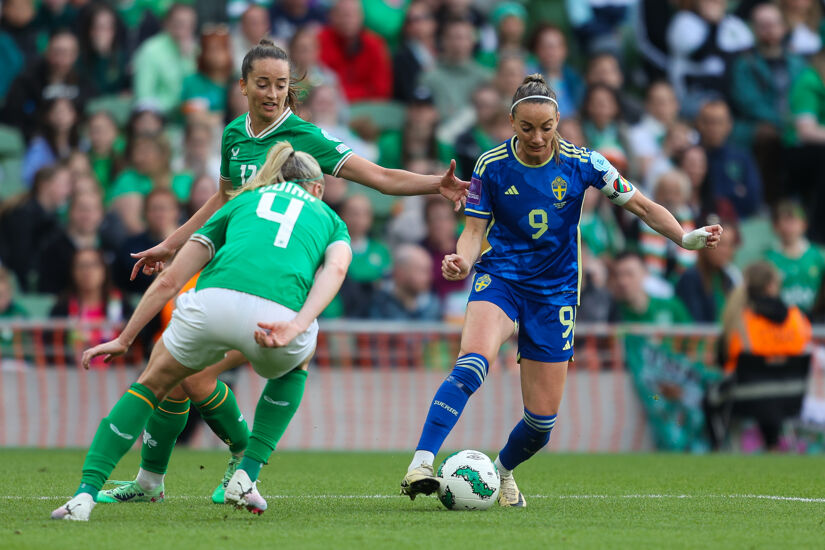 Kosovare Asllani of Sweden evades Ireland's Anna Patten and Louise Quinn during a 3-0 UEFA Nations League victory at the Aviva Stadium.