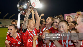 Shels skipper Pearl Slattery lifting the Women's FAI Cup after last year's final win over Athlone Town at Tallaght Stadium