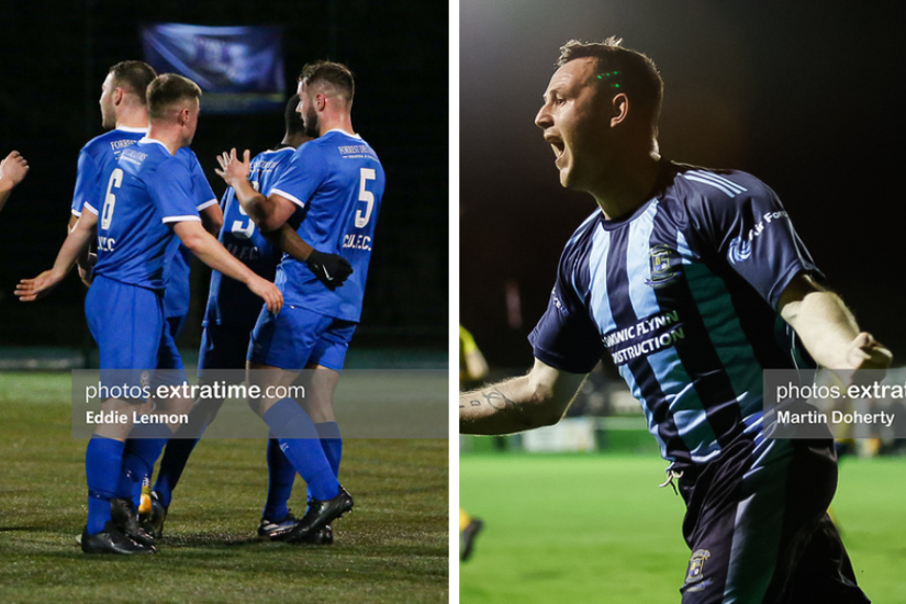 Karl Somers (right) celebrates for St Mochta's in their 2-1 win against Bluebell United while Crumlin United (left) see off Kilbarrack