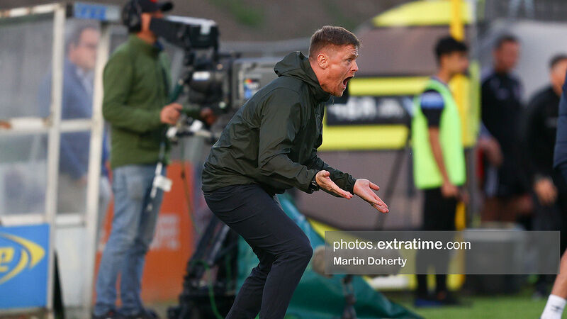 Shelbourne manager Damien Duff on the sideline in Dalymount Park