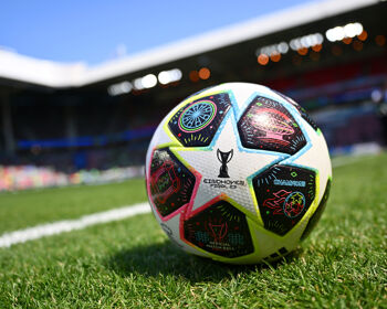 A detailed view of a UEFA Women's Champions League Match Ball on the pitch on the inside of the stadium prior to the UEFA Women's Champions League final between Barcelona and Wolfsburg last season