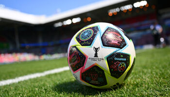 A detailed view of a UEFA Women's Champions League Match Ball on the pitch on the inside of the stadium prior to the UEFA Women's Champions League final between Barcelona and Wolfsburg last season