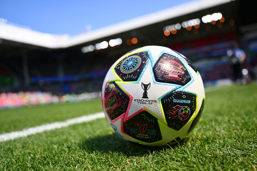 A detailed view of a UEFA Women's Champions League Match Ball on the pitch on the inside of the stadium prior to the UEFA Women's Champions League final between Barcelona and Wolfsburg last season