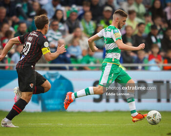 Dylan Watts on the ball for Shamrock Rovers in Europe against Vikingur in the Champions League qualifier in Tallaght in July 2024