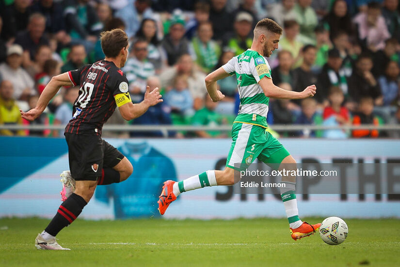 Dylan Watts on the ball for Shamrock Rovers in Europe against Vikingur in the Champions League qualifier in Tallaght in July 2024