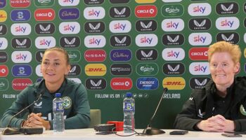 Katie McCabe and Eileen Gleeson speaking to the media on the eve of their UEFA Women's Nations League debut