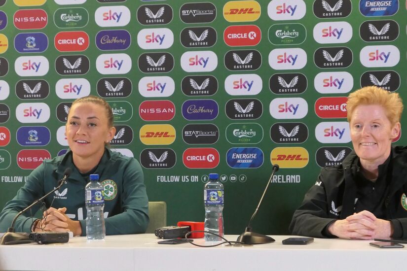 Katie McCabe and Eileen Gleeson speaking to the media on the eve of their UEFA Women's Nations League debut