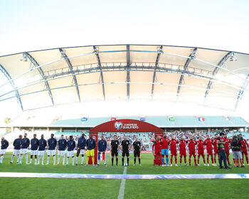Both teams line up during the National Anthems prior to the UEFA EURO 2024 qualifying round group B match between Gibraltar and France at Estadio Algarve on June 16, 2023 in Faro