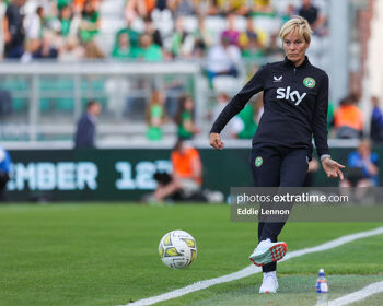 Vera Pauw patrols the sideline during Ireland's friendly with Zambia in Tallaght Stadium