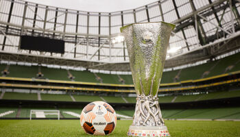 A view of the UEFA Europa League trophy and match ball at Dublin Arena on Lansdowne Road