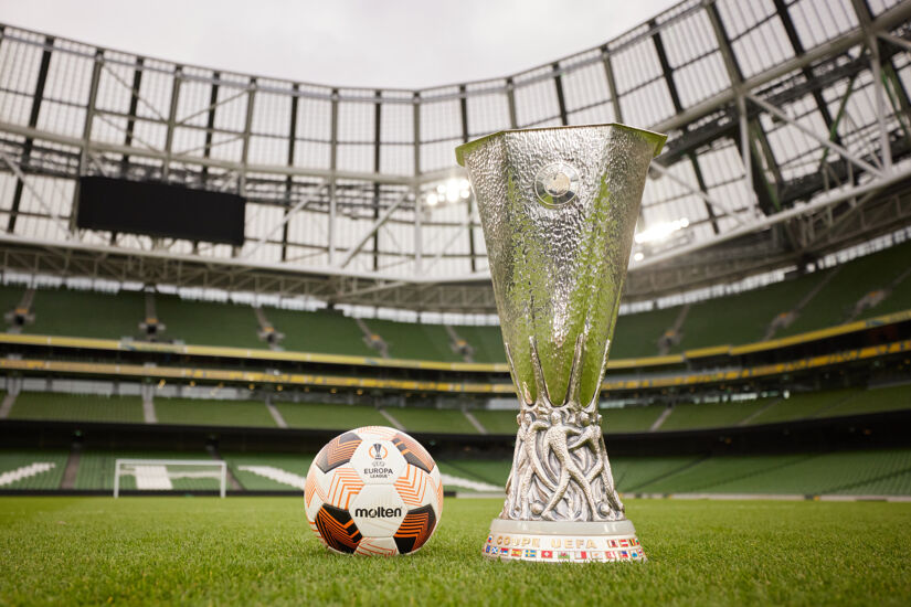 A view of the UEFA Europa League trophy and match ball at Dublin Arena on Lansdowne Road