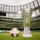 A view of the UEFA Europa League trophy and match ball at Dublin Arena on Lansdowne Road