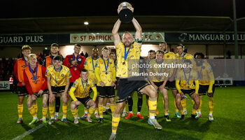 Ryan McLaughlin lifts the Leinster Senior Cup for St Patrick's Athletic