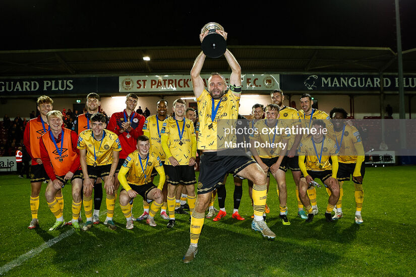 Ryan McLaughlin lifts the Leinster Senior Cup for St Patrick's Athletic