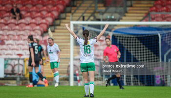 Laura Shine celebrates a goal during Cork City's 2-1 win over Shamrock Rovers on Saturday, 11 May 2024.