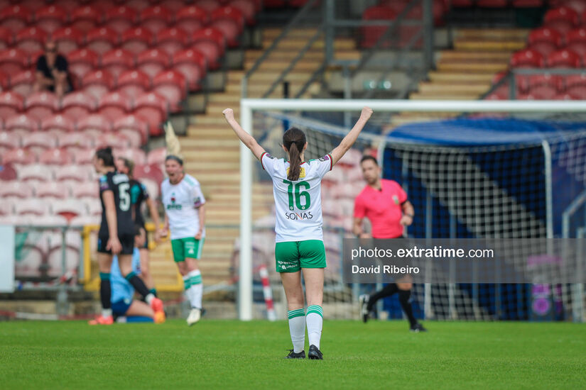 Laura Shine celebrates a goal during Cork City's 2-1 win over Shamrock Rovers on Saturday, 11 May 2024.
