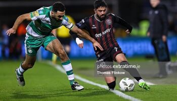 Declan McDaid of Bohemian FC in action against Pico Lopes of Shamrock Rovers during the SSE Airtricity Men's Premier Division match between Rovers and Bohs at Tallaght Stadium on March 29, 2024